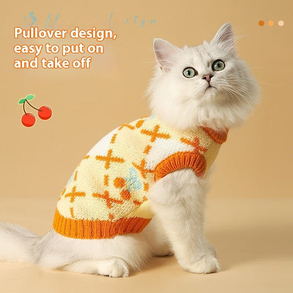 HKM-9582781 Cozy Orange Cherry Cat Sweater for Autumn-Winter, Windproof and Warm