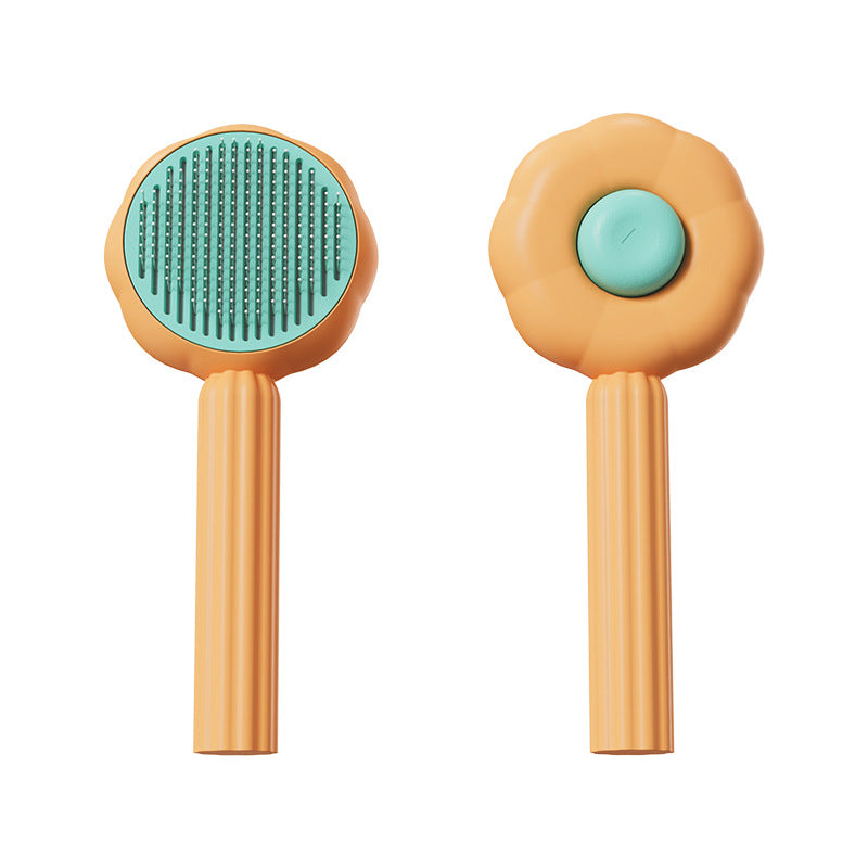 HKM-9586365 Sunflower Shaped Pet Comb for Cats - Fine Needle Design in Green and Orange, ABS and Stainless Steel Material
