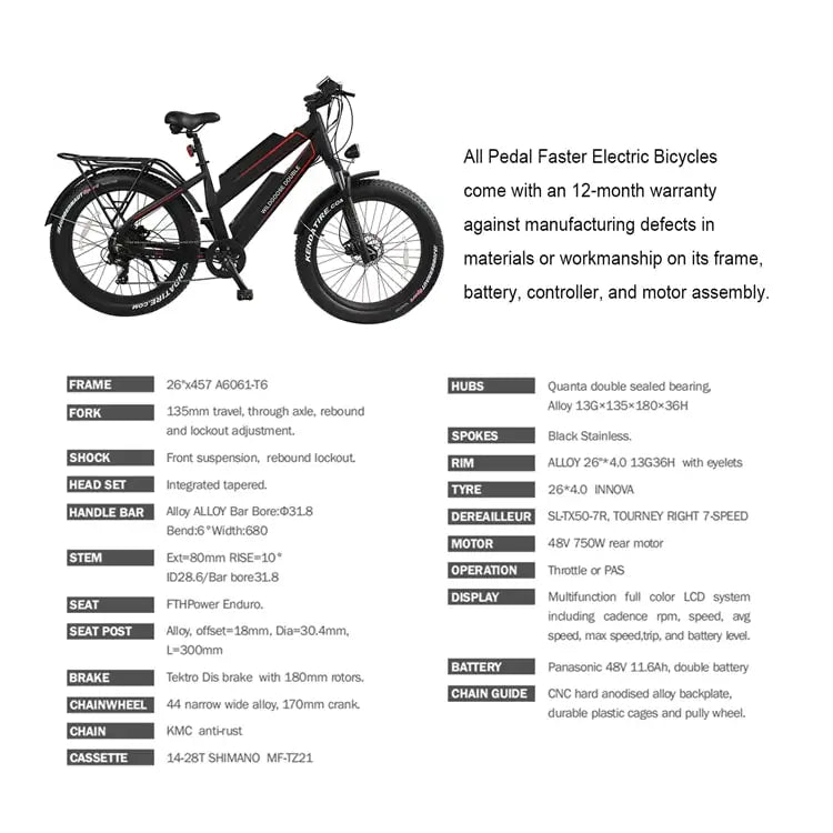 HKM-958675 48V Aluminum Alloy Long Range Fat Tire Electric Mountain Bike, 7 Speed, 26" Wheels, Dual Battery