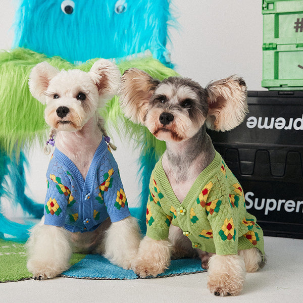 HKM-9588541 Small Flower Dog Sweater Cardigan in Blue and Green, Wool Material, XS-XXL Sizes Available