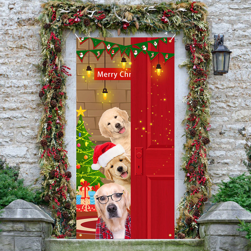 HKM-959251 Christmas Outdoor Curtain Flag with Puppy Design, Polyester Door Hanging Cloth