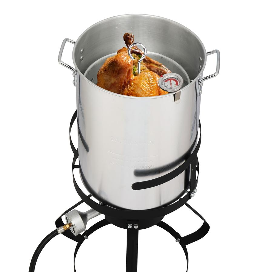 HKM-959315 30QT and 10QT Cookware Set with Black Circular Iron Frame and Silver Aluminum Fryer
