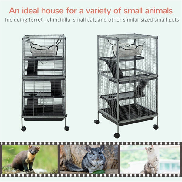 HKM-9594173 Multi-Level Small Pet Habitat with Wheels, Ramp, Hammock, Easy Clean Tray and Steel Construction