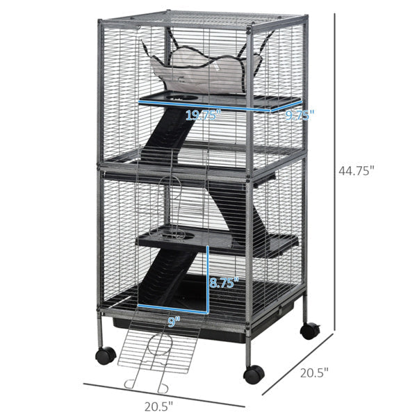HKM-9594173 Multi-Level Small Pet Habitat with Wheels, Ramp, Hammock, Easy Clean Tray and Steel Construction