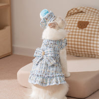 HKM-9595069 Cozy Wool Lined Dog Dress with Plush Bow and Knitted Cap for Autumn and Winter