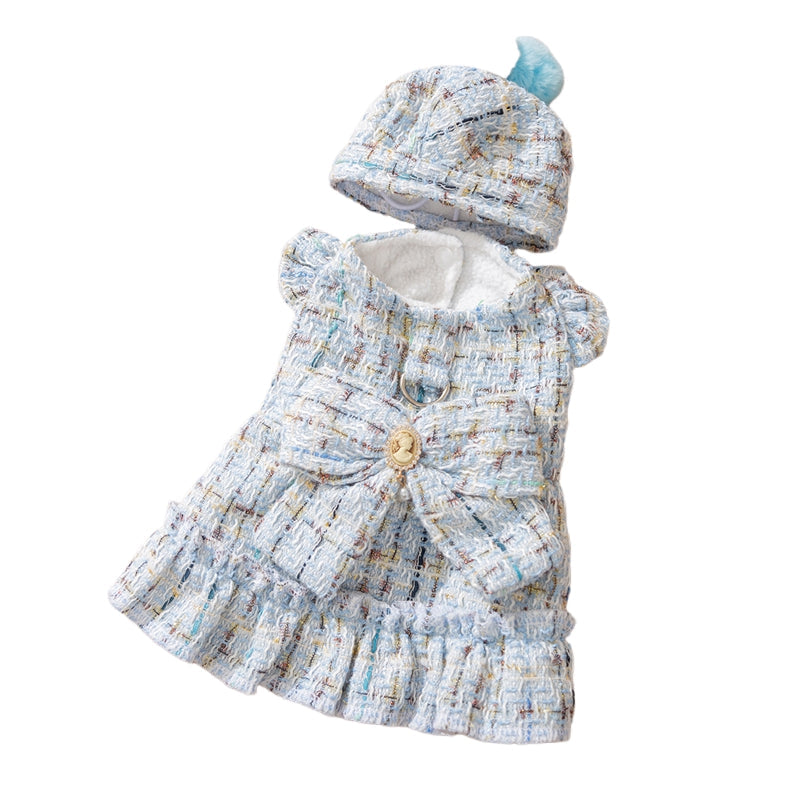 HKM-9595069 Cozy Wool Lined Dog Dress with Plush Bow and Knitted Cap for Autumn and Winter