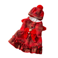 HKM-9595069 Cozy Wool Lined Dog Dress with Plush Bow and Knitted Cap for Autumn and Winter