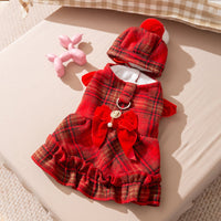 HKM-9595069 Cozy Wool Lined Dog Dress with Plush Bow and Knitted Cap for Autumn and Winter