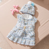 HKM-9595069 Cozy Wool Lined Dog Dress with Plush Bow and Knitted Cap for Autumn and Winter