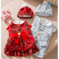 HKM-9595069 Cozy Wool Lined Dog Dress with Plush Bow and Knitted Cap for Autumn and Winter