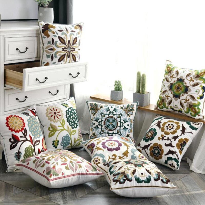 HKM-959571 Cotton Canvas Embroidered Pillow Cushion Cover 45x45 cm