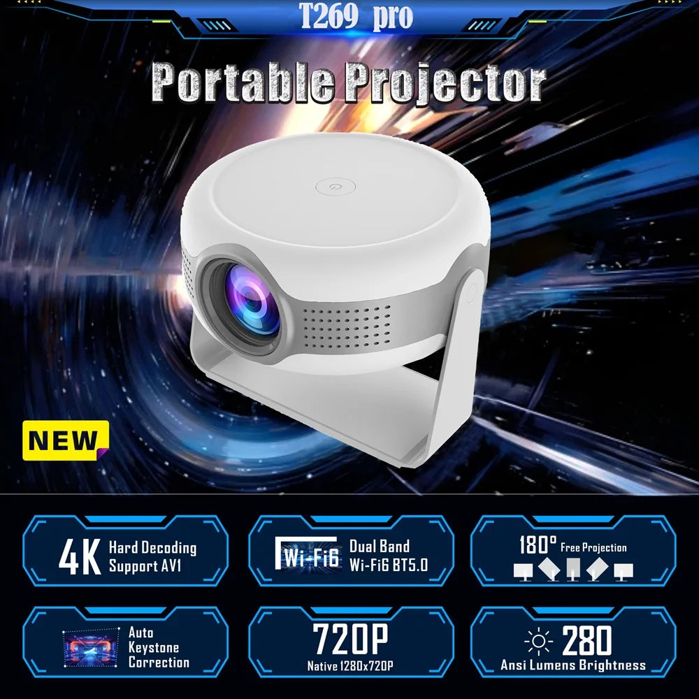HKM-959635 Portable Mini Projector with Android 12.0, 4K Support and Auto Correction for Home Theatre