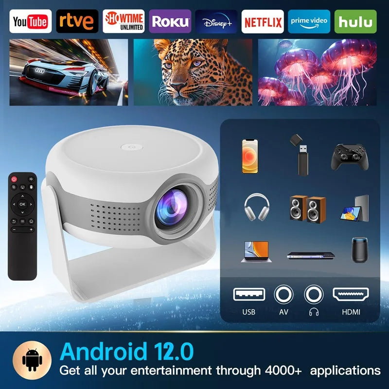 HKM-959635 Portable Mini Projector with Android 12.0, 4K Support and Auto Correction for Home Theatre