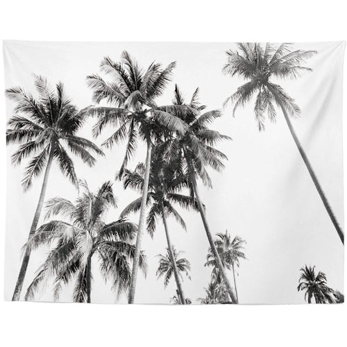 HKM-959955 Black and White Coconut Forest Landscape Tapestry Wall Hanging - Machine Washable Polyester Fiber, Multiple Sizes Available