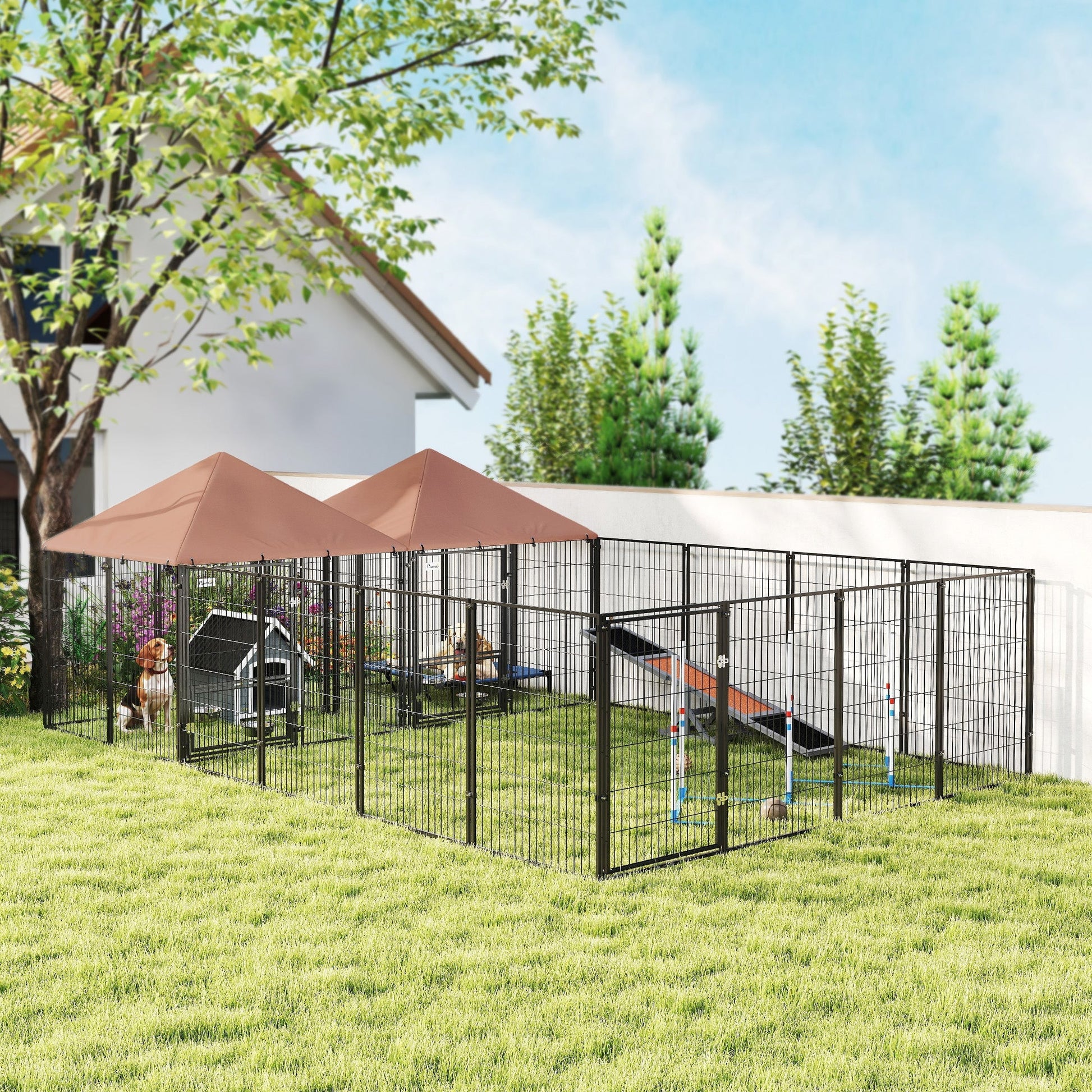 HKM-9599933 Large Outdoor Dog Kennel with 2 Separate Rooms, Adjustable Height Bowls, and Secure Design