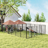 HKM-9599933 Large Outdoor Dog Kennel with 2 Separate Rooms, Adjustable Height Bowls, and Secure Design