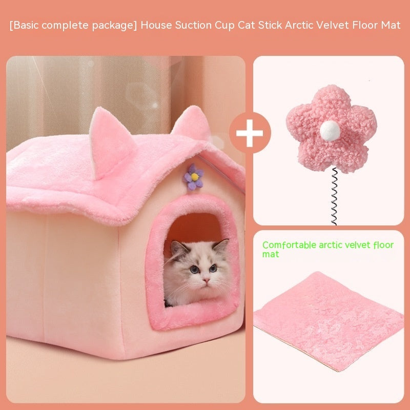 HKM-9606077 Thickened Winter Cat Nest with Support Skeleton and Fun Teaser Options