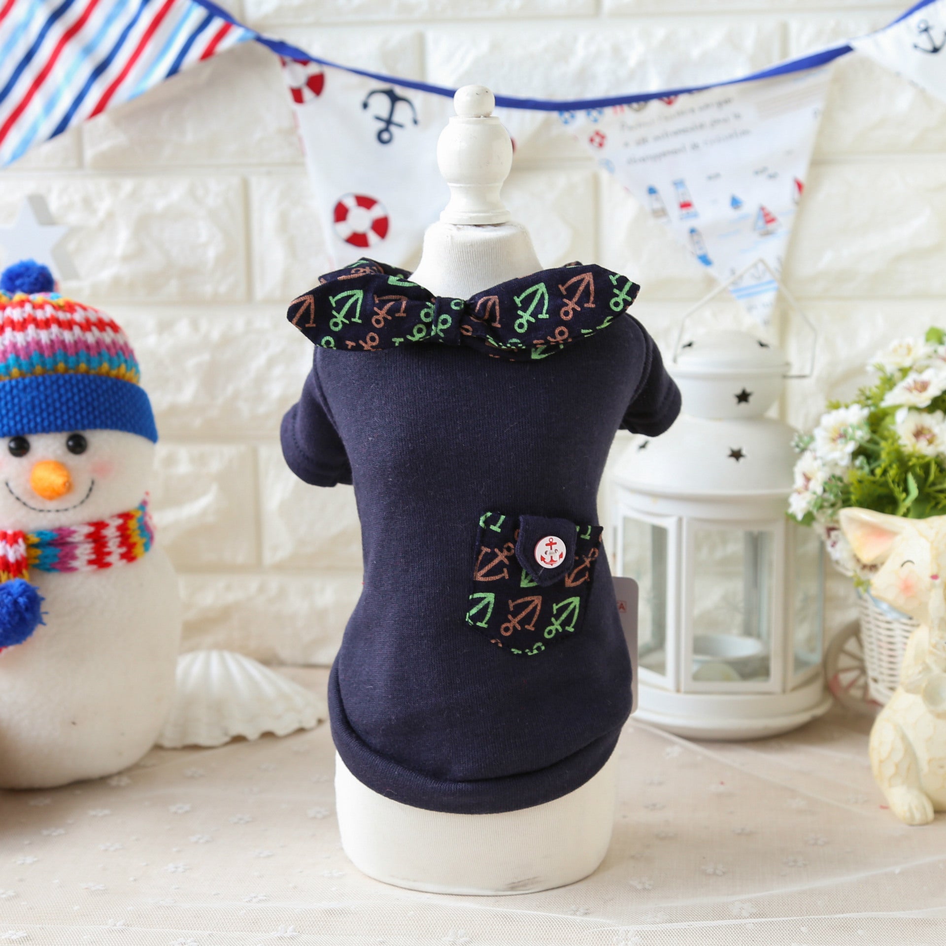 HKM-9607101 Navy Blue Cotton Dog Hoodie with Anchor Print for Two-Legged Pets