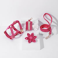 HKM-9609789 Fashion-Forward Pet Collar Set with Lead, Bow, Poop Bag, Chest Back, and Flower Decoration