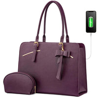 HKM-960979 Stylish PU Leather Laptop Tote Bag for 15.6 Inch Devices with USB Charging Port