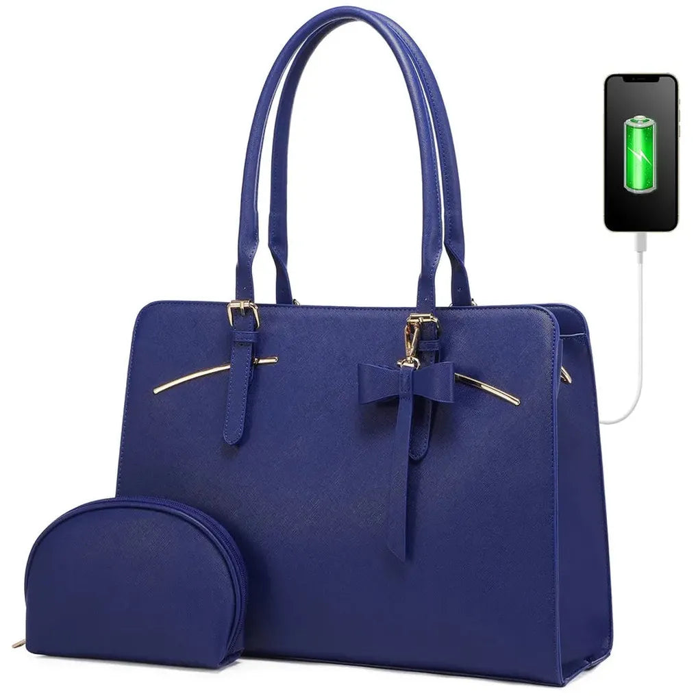 HKM-960979 Stylish PU Leather Laptop Tote Bag for 15.6 Inch Devices with USB Charging Port