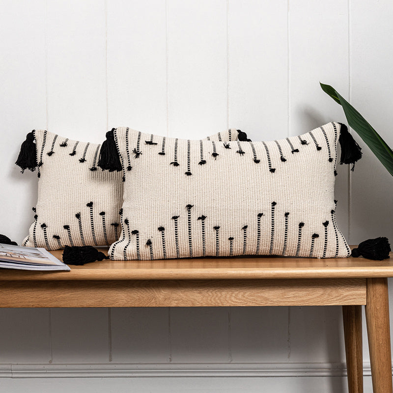 HKM-961811 Bohemian Moroccan Fringe Pillowcase in White and Black | Embroidered Nordic Design, Linen/Cotton Blend