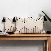 HKM-961811 Bohemian Moroccan Fringe Pillowcase in White and Black | Embroidered Nordic Design, Linen/Cotton Blend