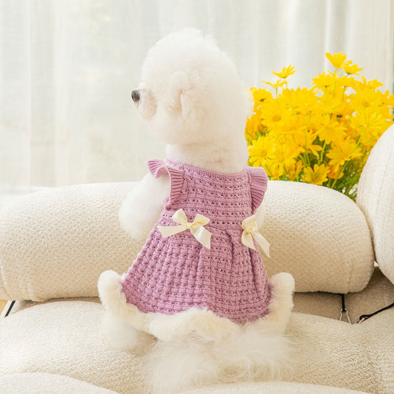 HKM-9621309 Pet Bow Sweater Dress for Small Dogs in Purple and White