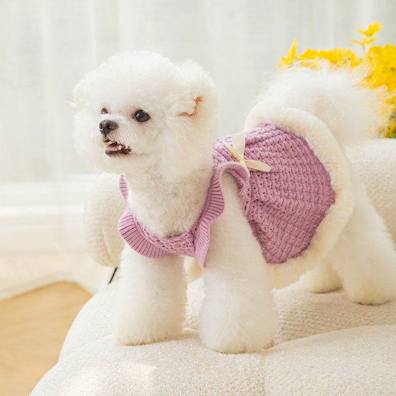 HKM-9621309 Pet Bow Sweater Dress for Small Dogs in Purple and White