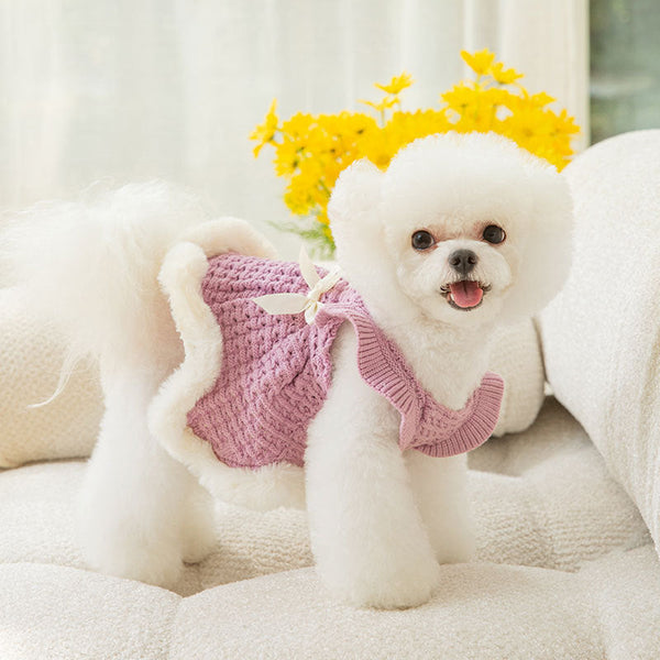 HKM-9621309 Pet Bow Sweater Dress for Small Dogs in Purple and White