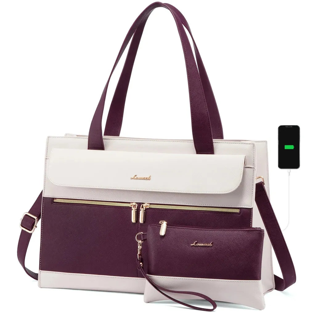 HKM-962131 Fashion Leather Shoulder Bag Set for Women - Tote and Laptop Briefcase with USB Port