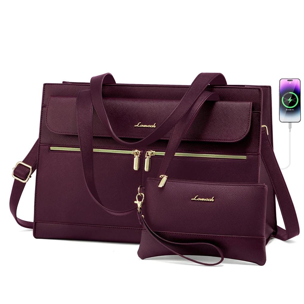 HKM-962131 Fashion Leather Shoulder Bag Set for Women - Tote and Laptop Briefcase with USB Port