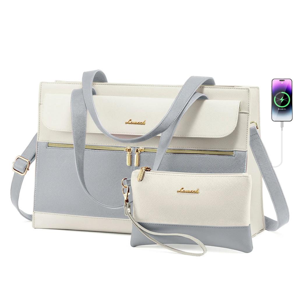 HKM-962131 Fashion Leather Shoulder Bag Set for Women - Tote and Laptop Briefcase with USB Port