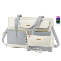 HKM-962131 Fashion Leather Shoulder Bag Set for Women - Tote and Laptop Briefcase with USB Port