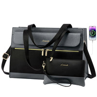 HKM-962131 Fashion Leather Shoulder Bag Set for Women - Tote and Laptop Briefcase with USB Port