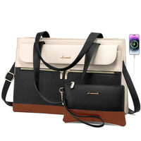 HKM-962131 Fashion Leather Shoulder Bag Set for Women - Tote and Laptop Briefcase with USB Port