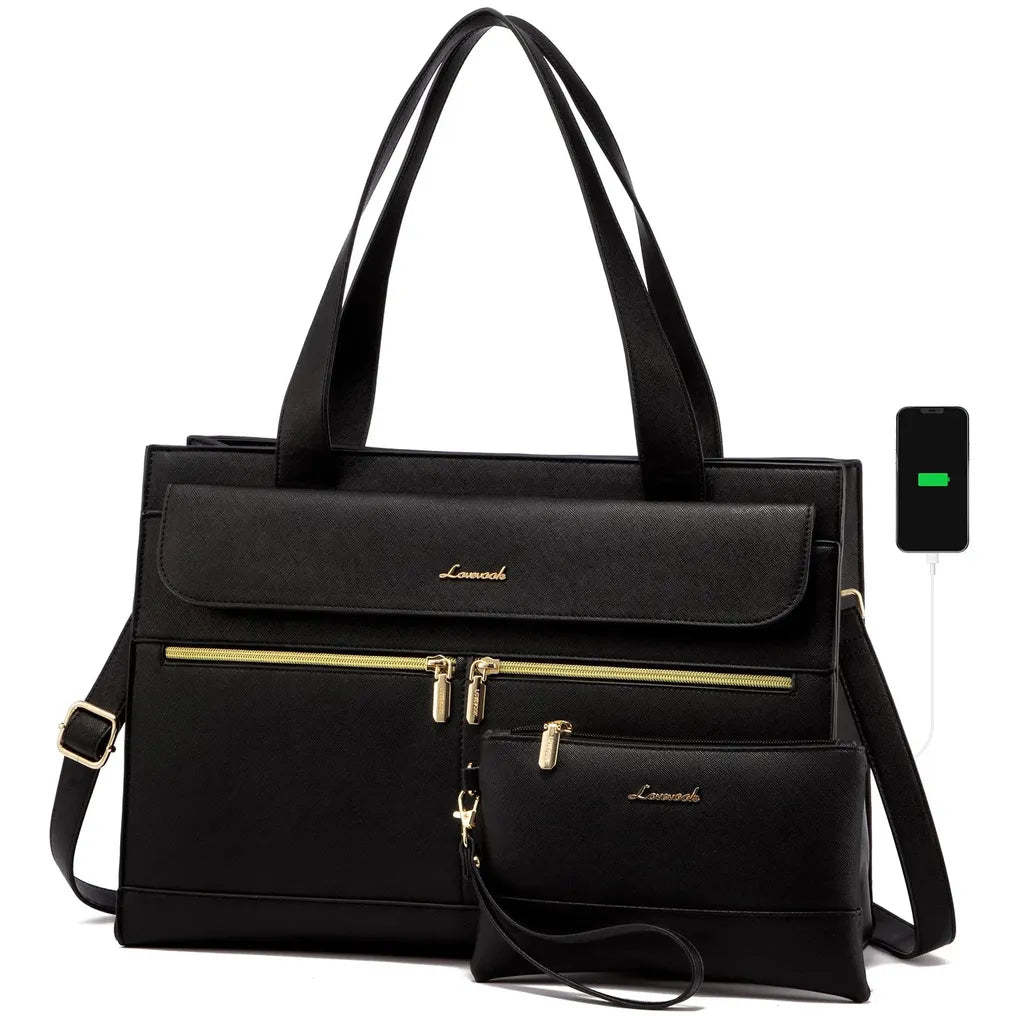 HKM-962131 Fashion Leather Shoulder Bag Set for Women - Tote and Laptop Briefcase with USB Port