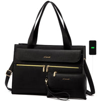 HKM-962131 Fashion Leather Shoulder Bag Set for Women - Tote and Laptop Briefcase with USB Port