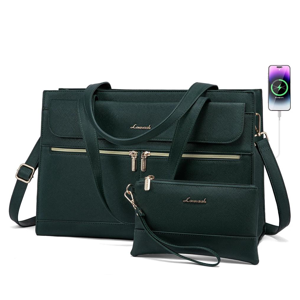 HKM-962131 Fashion Leather Shoulder Bag Set for Women - Tote and Laptop Briefcase with USB Port