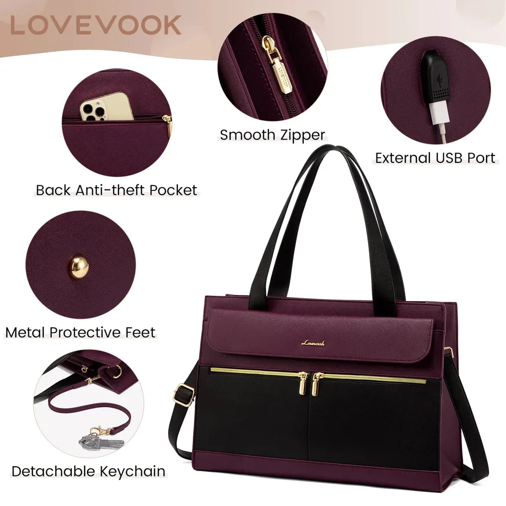 HKM-962131 Fashion Leather Shoulder Bag Set for Women - Tote and Laptop Briefcase with USB Port