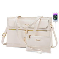 HKM-962131 Fashion Leather Shoulder Bag Set for Women - Tote and Laptop Briefcase with USB Port