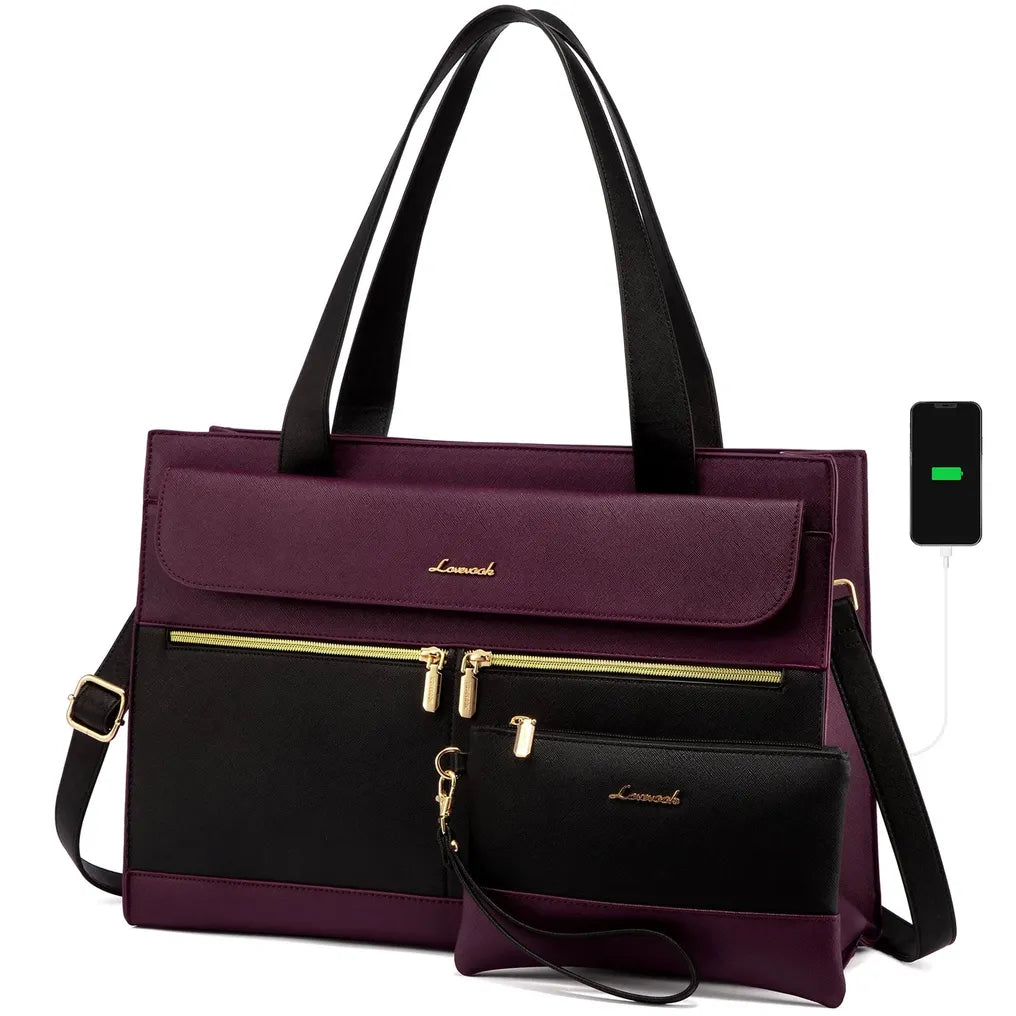 HKM-962131 Fashion Leather Shoulder Bag Set for Women - Tote and Laptop Briefcase with USB Port