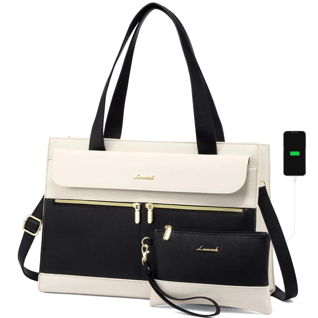 HKM-962131 Fashion Leather Shoulder Bag Set for Women - Tote and Laptop Briefcase with USB Port