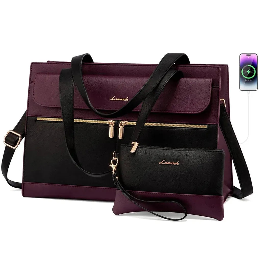 HKM-962131 Fashion Leather Shoulder Bag Set for Women - Tote and Laptop Briefcase with USB Port