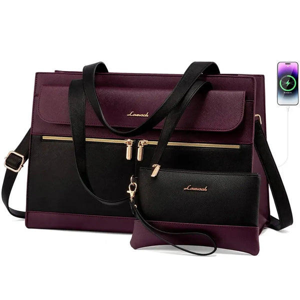 HKM-962131 Fashion Leather Shoulder Bag Set for Women - Tote and Laptop Briefcase with USB Port