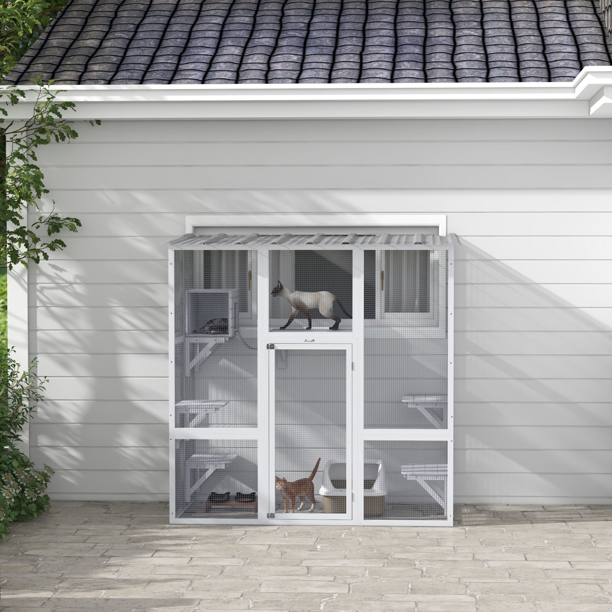 HKM-9623357 Spacious Outdoor Cat Enclosure with Platforms and Cozy Resting Box