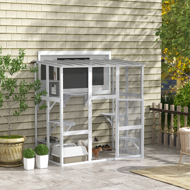 HKM-9623357 Spacious Outdoor Cat Enclosure with Platforms and Cozy Resting Box