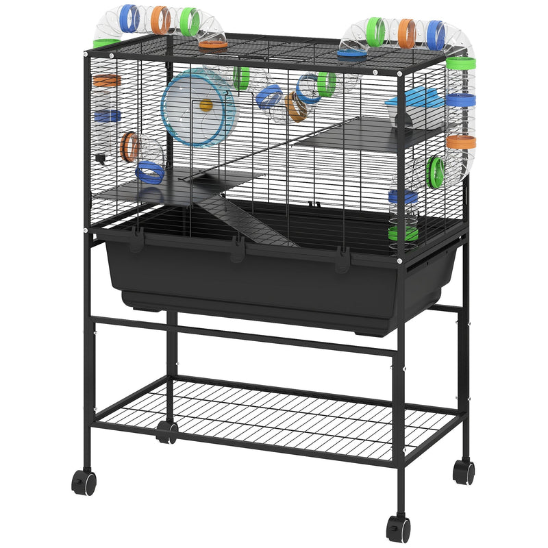 HKM-9632701 3 Tier Hamster Cage with Rolling Wheels, Deep Tray, Exercise Wheel, Hut, and Tube System