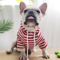 HKM-9634621 Plush Hooded Striped T-Shirt for Dogs in Black, Red, and Coffee – Comfortable Cotton Fabric