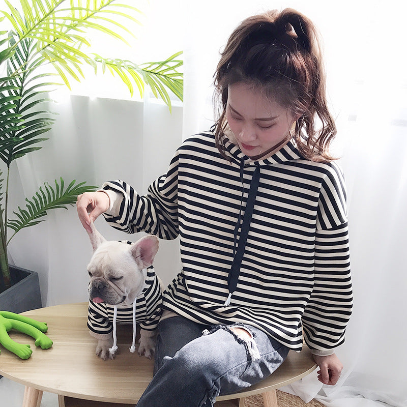 HKM-9634621 Plush Hooded Striped T-Shirt for Dogs in Black, Red, and Coffee – Comfortable Cotton Fabric
